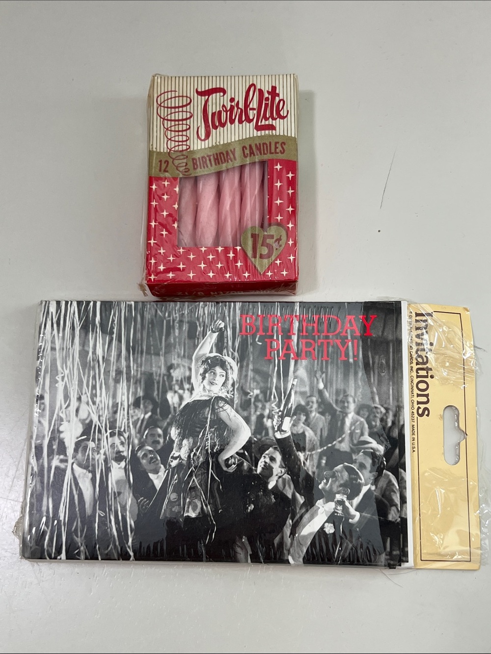 Vintage Twirl-Lite Birthday Candles & Gibson Greetings Card Invitations Bundle